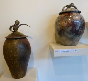 Maeva Collins, Wood & Pit-fired Lidded Vases with Birds