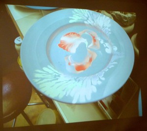 unfired platter with stencilled glazes