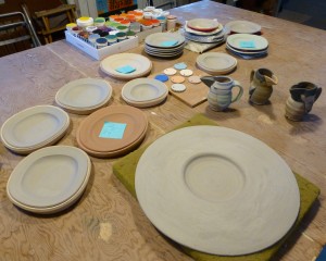 Plates ready to be painted with underglazes