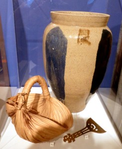 Seed storage jar, palm leaf water scoop & hibachi ash rake