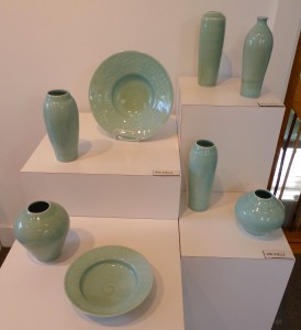Judy Dyelle's celadon-glazed porcelain pieces.