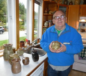 Tony Clennell in my kitchen with Richard Batterham pots.