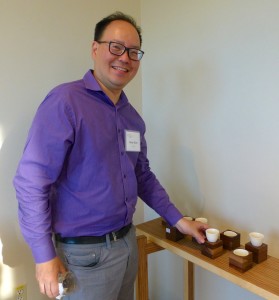 Woodworker Peter Chen with his fine wooden containers for Robert's cups