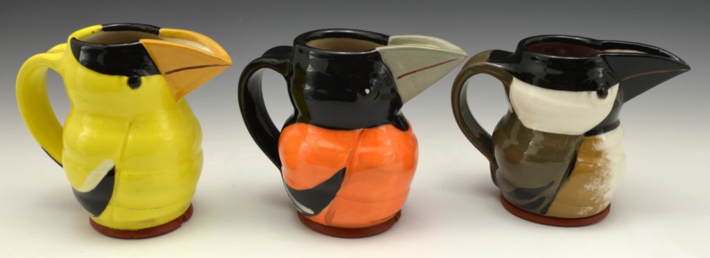 l to r. Goldfinch, Oriole & Chickadee jugbirds